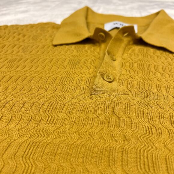 Wax London Polo Shirt Mens Large Mustard Yellow Cable Knit Cotton Textured - Picture 5 of 9